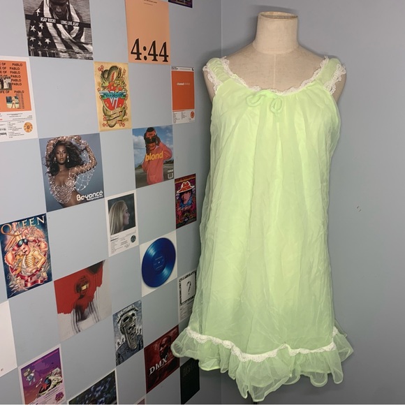 Fairycore BabyDoll Dress Neon Green Sheer Cottagecore Dress - Picture 1 of 9
